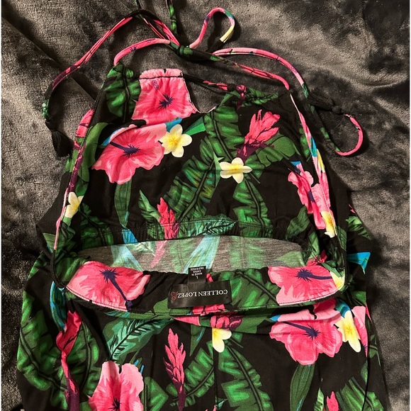 Colleen Lopez Halter Dress Vibrant Hibiscus Rayon Spandex Knee Length Large - Picture 11 of 13